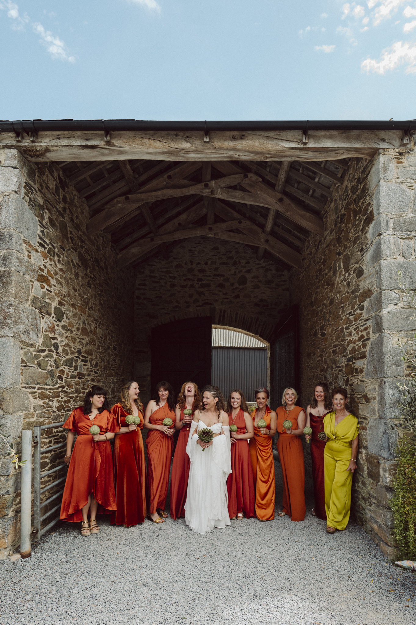 aran wedding, burnt orange bridesmaids dress, squad shot