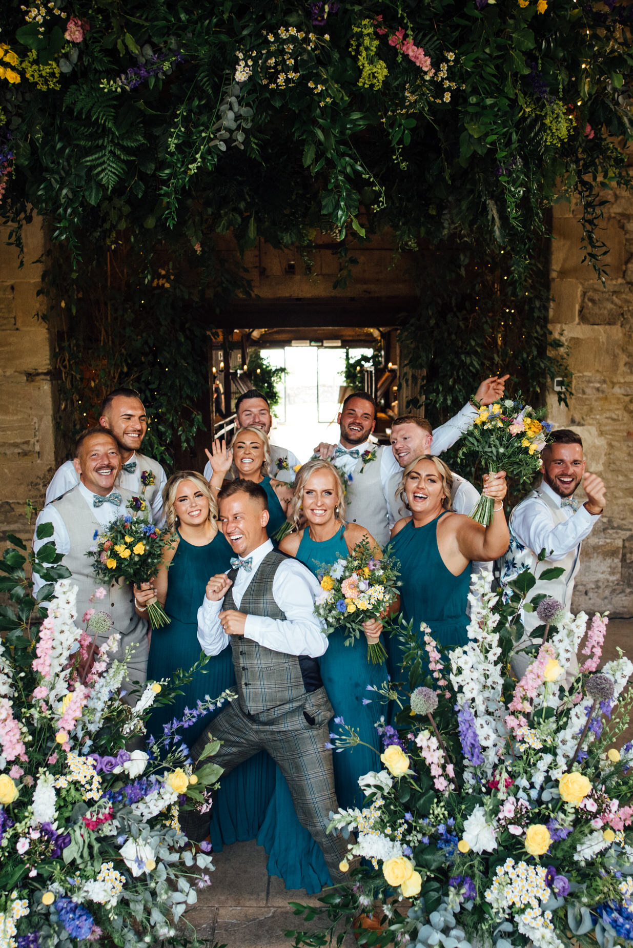 squad shot, stone barn wedding, cotswolds wedding, queer wedding, dogs at wedding