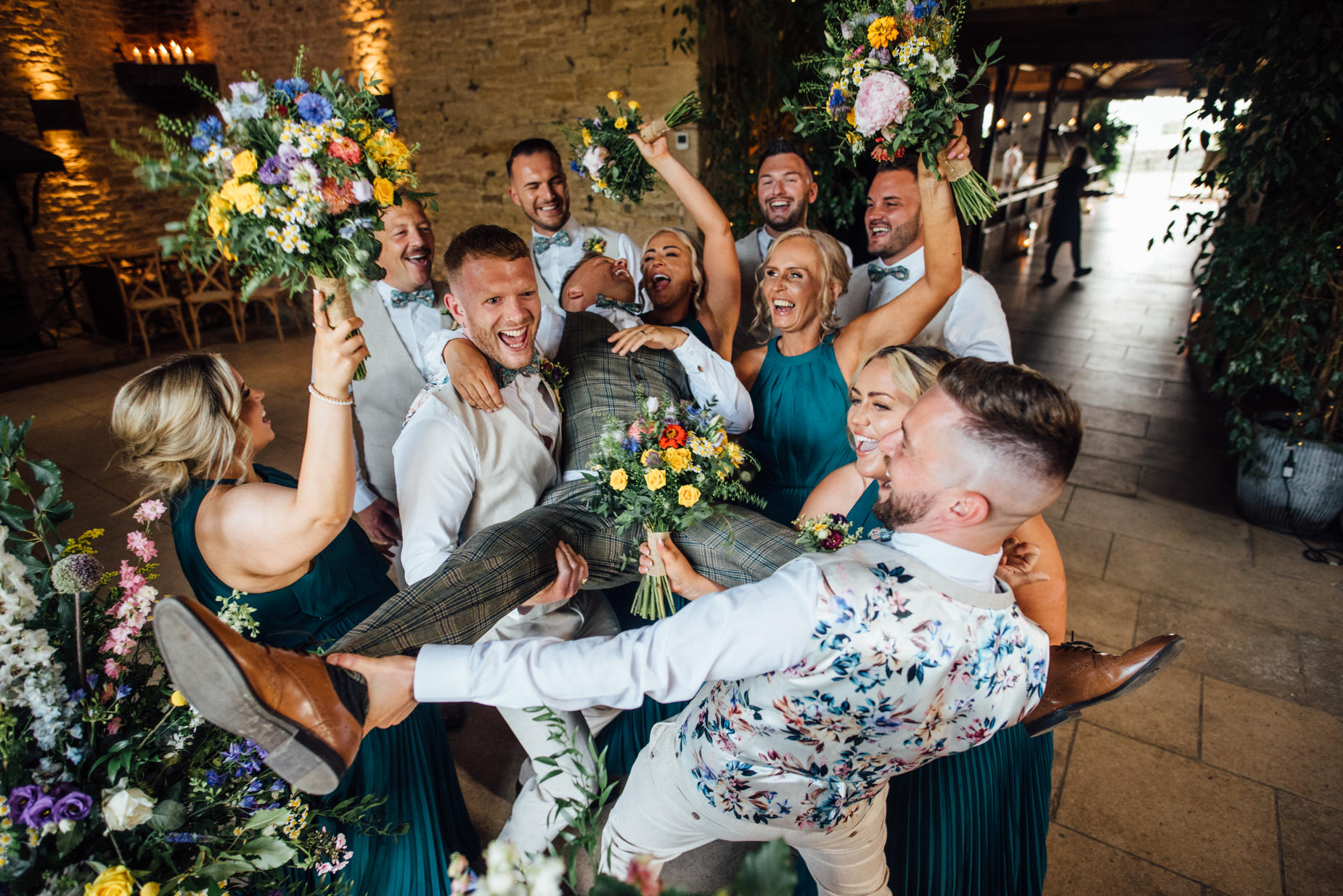 stone barn wedding, cotswolds wedding, queer wedding, dogs at wedding, squad shot