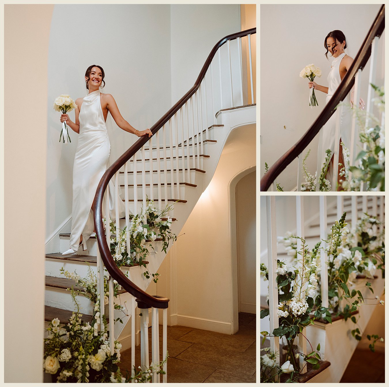 bride, silk wedding dress, aswarby rectory, flower staircase