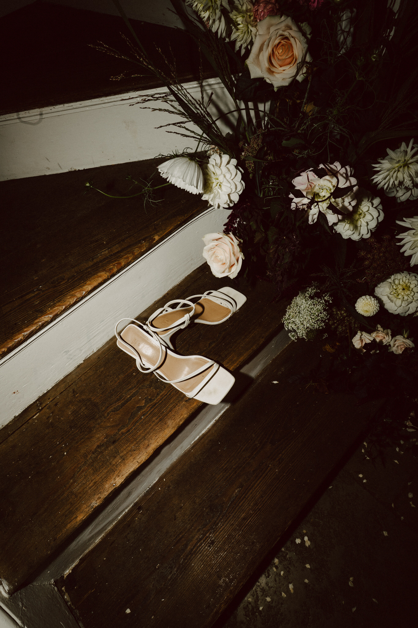 wedding shoes on stairs at Aswarby Rectory